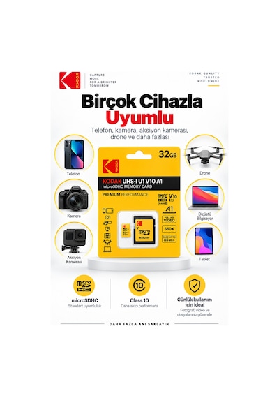 32gb Microsdhc Hafıza Kartı Uhs-ı U1 V10 A1 Class 10 85 Mb/s Full Hd Destekli Sd Adaptörlü