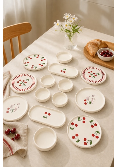 Vita Cherry 14 Parça 6 Kişilik Stackable Kahvaltı Takımı - Lüx Kahvaltılık Sunum Seti Tabağı Beyaz