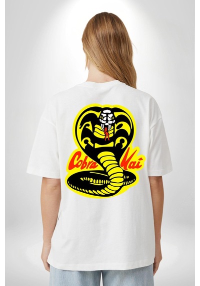 Cobra Kai Karete Çocuk Yılan Logo Dizi Beyaz Oversize Unisex Ön Ve Sırt Baskılı Tişört Beyaz