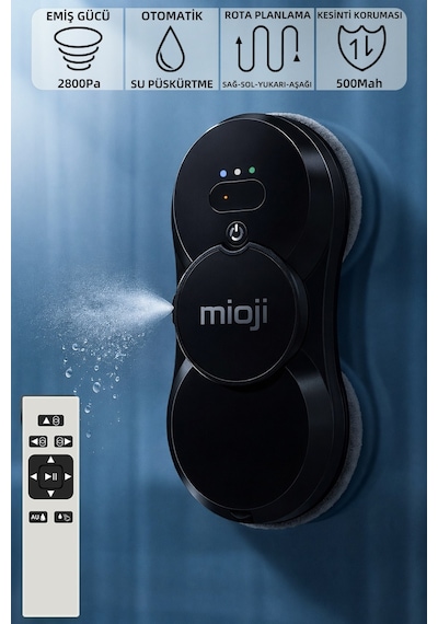 Mioji VLR2 Cam Temizleme Robotu Ultrasonik Su Spreyli Akıllı Navigasyonlu Uzaktan Kumandalı - Siyah
