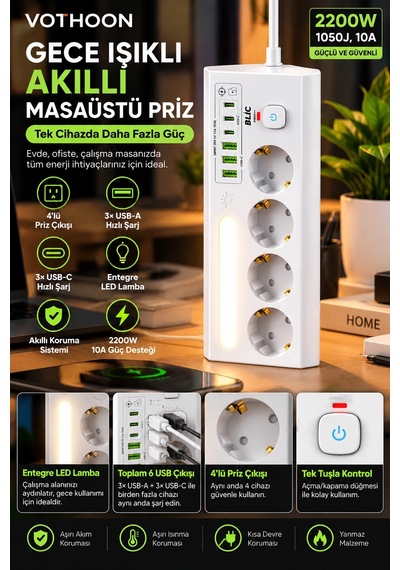 Çoklu Gece Lambalı Üçgen Priz Akım Korumalı 4 Lü Priz 3xusb 3xtype-c Çıkışlı Grup Priz Beyaz Diğer