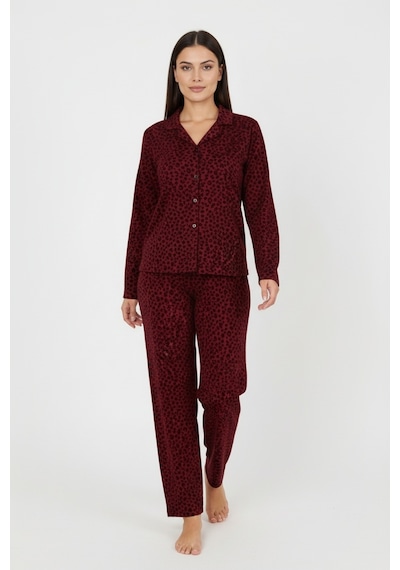 Bravie Luxury Soft Bordo Leopar Desenli Uzun Kollu Kadın Pijama Takımı Büyük Beden 3002 Bordo
