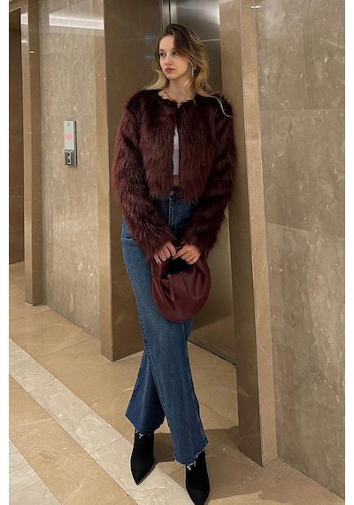 Madmext Bordo Bisiklet Yaka Kadın Suni Kürk Mont Mg2176 Bordo