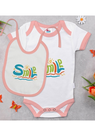 Bk Kids Smile Tasarımlı Pembe Bebek Body Zıbın Ve Mama Önlüğü Hed Çok Renkli