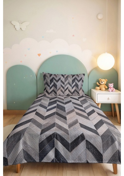 Gri Motifli Geometrik Genç Odası Tek Kişilik Pike Takımı - Antrasit Zigzag 160x220 Cm Yatak Örtüsü Kırsal Vadi Sükuneti