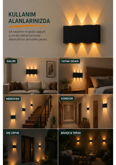 Amber Led Aplik Aydınlatma Çift Taraflı Led Dekoratif Duvar Aplik Siyah