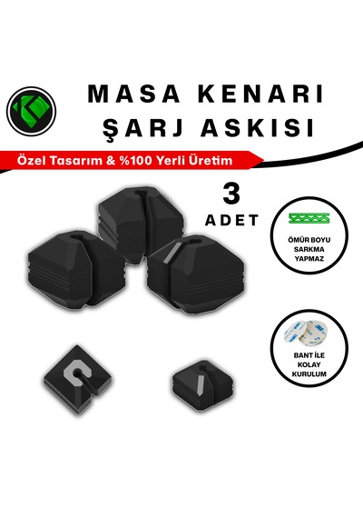 3 Adet Masa Kenarı Şarj Askısı - Güçlü 3m Bantlı Masa Kenarı Kablo Ve Şarj Ucu Tutucu Klips
