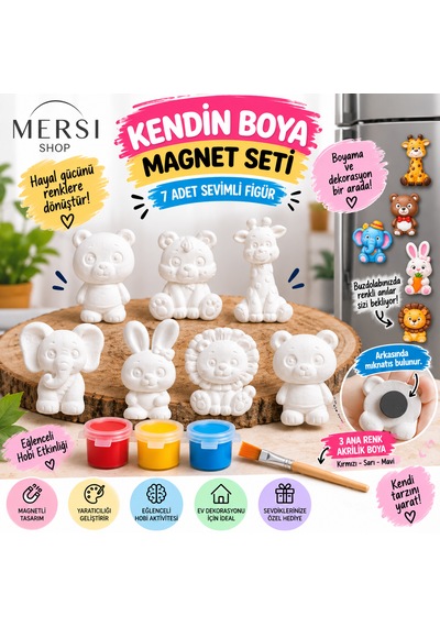 7 Li Kendin Boya Magnet Seti Taş Tozu Figürler 3 Renk Boya Ve Fırçalı Hobi Seti