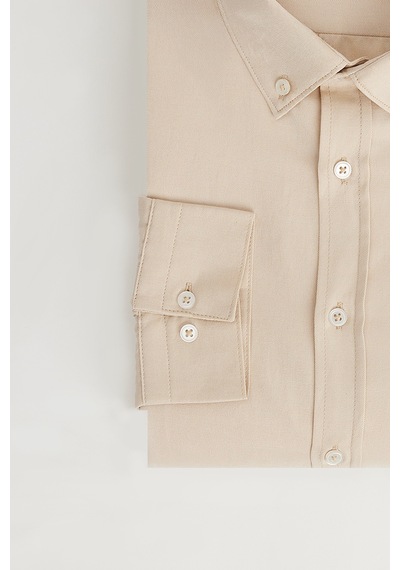 Tudors Erkek Slim Fit Dar Kesim Pamuklu Kolay Ütü Krem Düğmeli Yaka Gömlek-31588 Krem