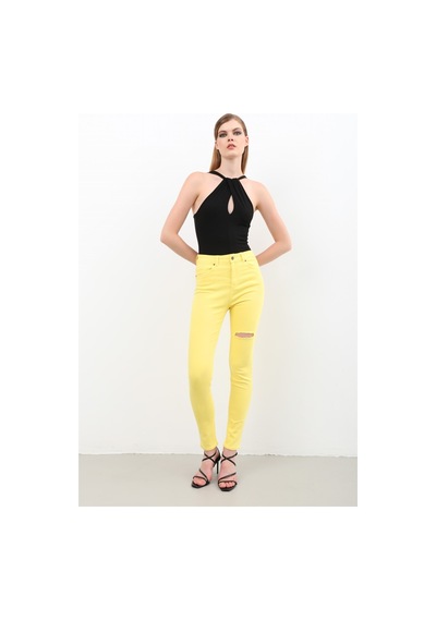 Kadın Yırtık Detaylı Jean Pantolon Sarı 001