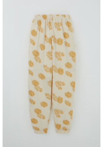 Breeze Kız Çocuk Pijama Takımı Tropik Yaprak Desenli 4-8 Yaş, Krem