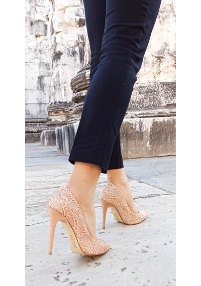 White Line Talaria Yılan Desenli Rugan Yüksek Topuk Stiletto 001 - Pudra