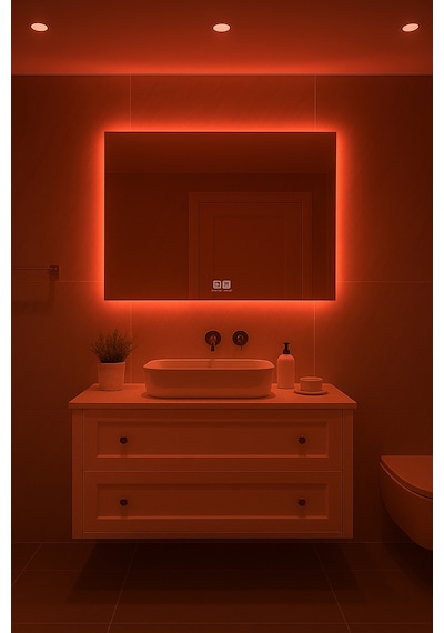Digital Hayat Buğu Çözücü Dokunmatik Dimlenebilir Dikdörtgen Ayna Kırmızı Işıklı Led Dekoratif Banyo Makyaj Aynası Yatay Ve Dikey Kullanım Kırmızı