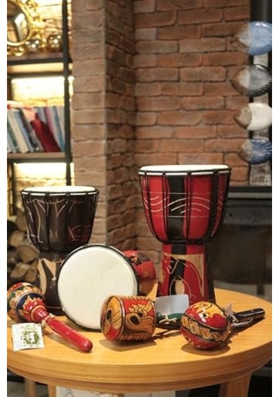 Ahşap Djembe, 25 Cm, Mahoni Ağacı Ve Keçi Derisi, Otantik El Yapımı Bali Davul, Fil Figürlü,