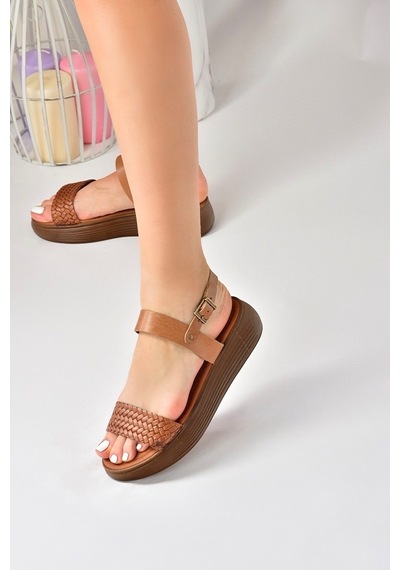 Fox Shoes Taba Hakiki Deri Örgü Modelli Günlük Kadın Sandalet