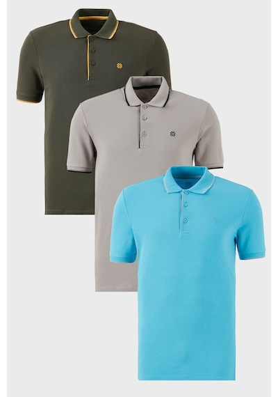 Buratti Pamuklu Slim Fit Şerit Detaylı Düğmeli Polo Yaka 3'Lü Paket Erkek T Shirt 5902118S3 Aquamavi-Hakisarı-Taş