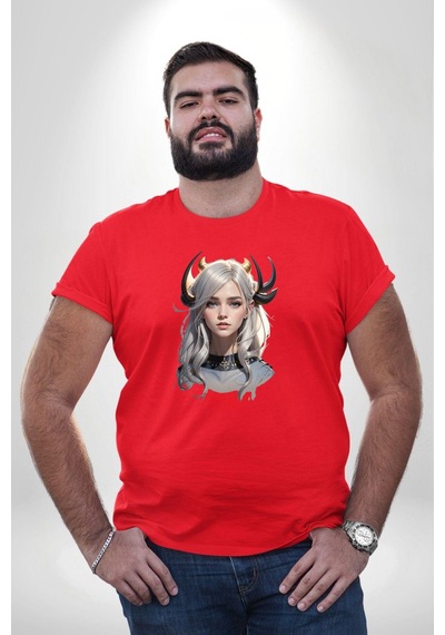 Angemiel Koç Erkek Kadın Unisex Savaşcı Kırmızı Büyük Beden Erkek Kadın Unisex Basic Ön Baskılı Tişört Kırmızı