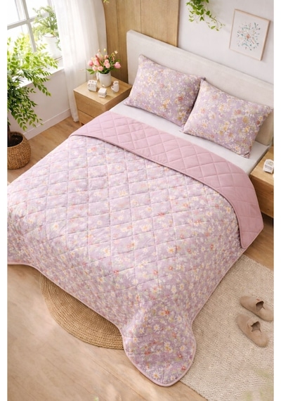 Formeya Kapitoneli Çift Kişilik Desenli Pike - Yatak Örtüsü Takımı 200x230 Cm - 2 Adet Yastık Kılıflı Lila