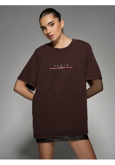 Unisex Paris Baskılı T-shirt Kahverengi