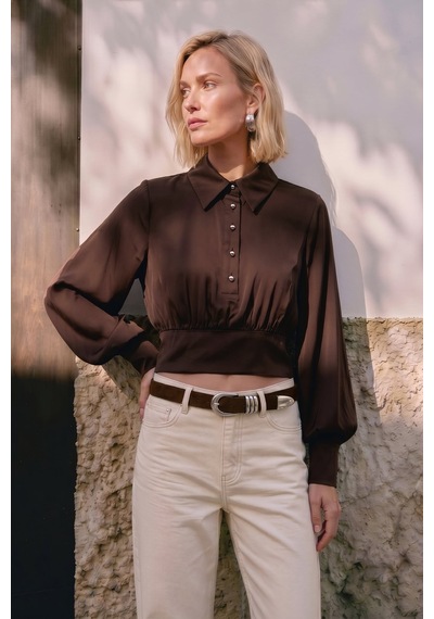 Sateen Düğme Detaylı Saten Bluz - Kahve-137514