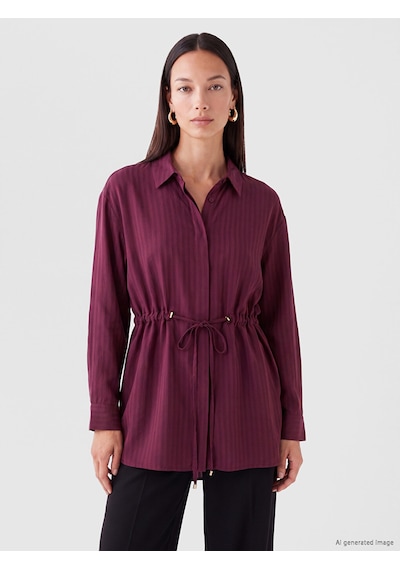 Lcw Everyday Bordo Beli Bağcıklı Çizgili Kadın Gömlek Tunik