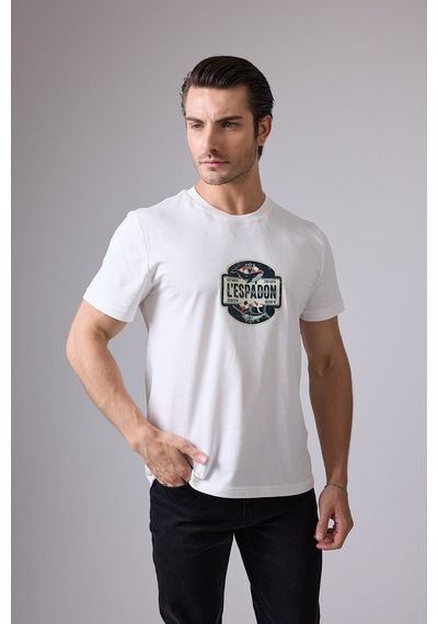 Marıne Tee Deniz Temalı Ribana Bisiklet Yaka Pamuk T-shirt-3078 Saf Beyaz