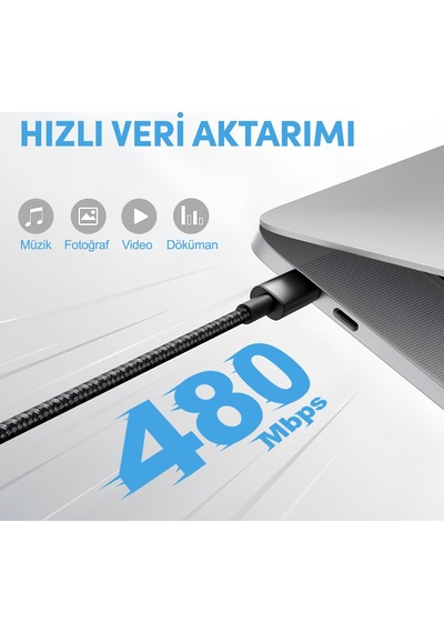 Woyax Apple Uyumlu iPhone Şarj Ve Data Kablosu Örgülü Lightning Siyah