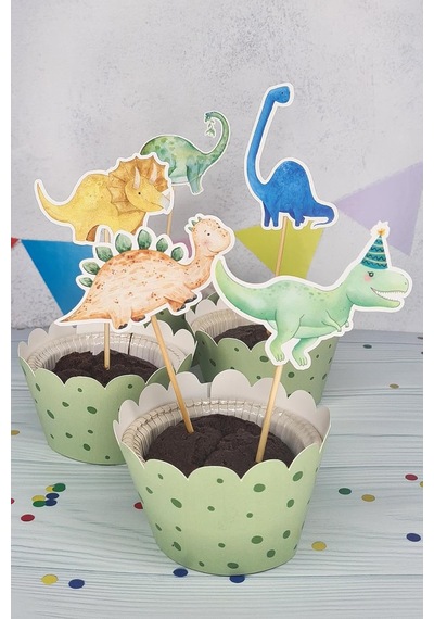 Dinozor Konsept Kürdan Süsleri Cupcake Süsleri Lüks Büyük Boy 10lu Paket 3+ Yaş