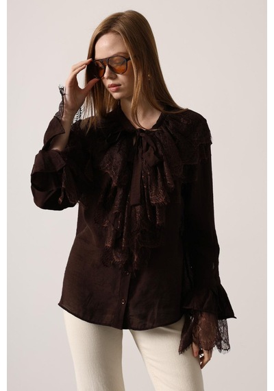 Ckm Moda Elise Romantik Dantel Detaylı Bluz Kahve