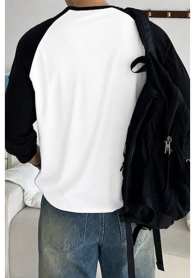 Tarz Cool Erkek Reglan Kol Uzun Kollu Basic Tişört Süprem %100 Cotton Bisiklet Yaka Rahat Kalıp Beyaz