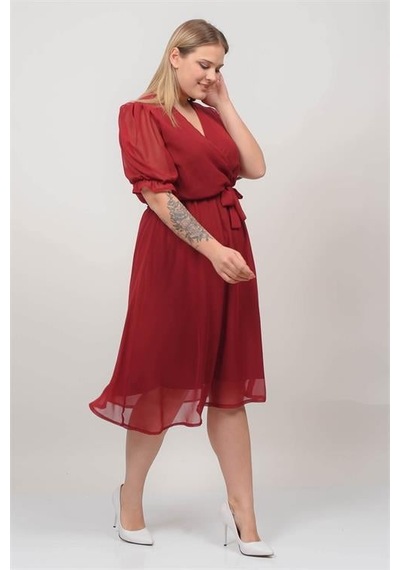 Dip Moda Kadın Astarlı Büyük Beden Şifon Elbise Dpnb8062 Bordo