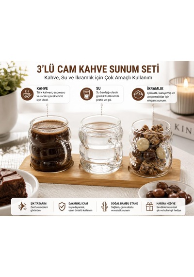 3 Lü Cam Kahve Bardağı Seti Bambu Standlı, Modern Tasarım Kulplu Şeffaf Cam Bardak, Türk Kahvesi Espresso Sunumluk İkramlık Seti, Dekoratif Servis Tepsili Kahve Sunum Seti Çok Renkli 3 Lü Cam Kahve Bardağı Seti Bambu Standlı, Modern Tasarım Kulplu Şeffaf Cam Bardak, Türk Kahvesi Espresso Sunumluk İkramlık Seti, Dekoratif Servis Tepsili Kahve Sunum Seti Çok Renkli