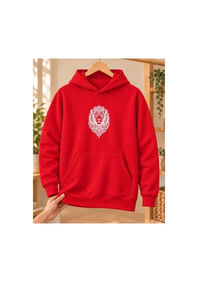 Mor Mürekkep Ornamental Aslan Başı Baskılı Kapüşonlu Sweatshirt - Kırmızı