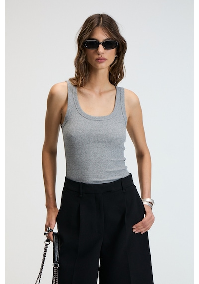 Ethıquet Lıllesol Kadın Fitilli Görünümlü Slim Fit Vücuda Oturan Havuz Yakalı Pamuklu Basic Antrasit