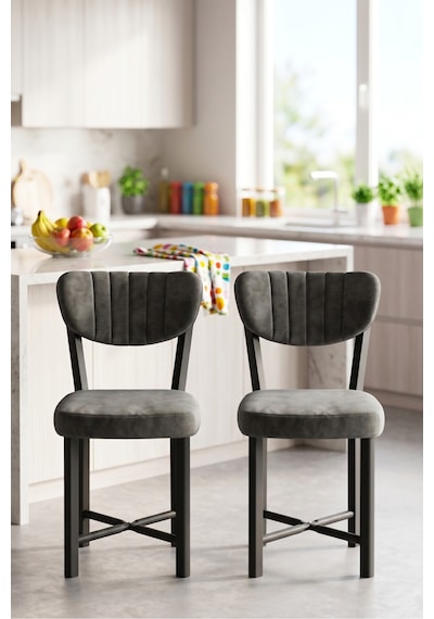 Sandalye 2 Adet Baby Face Kumaş Metal Ayak Modern Mutfak Sandalyesi Cafe Balkon Ofis Elma Antrasit