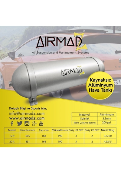 Kaynaksız Aluminyum Hava Tankı  20 Litre