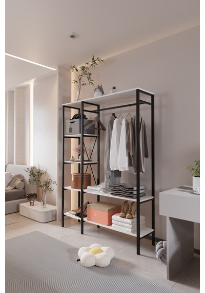 Via Portmanto Modern Metal Gövdeli Raflı Askılı Açık Portmanto Beyaz