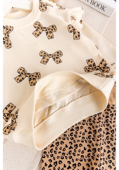 Babymod Fiyonk Baskılı Leopar Desenli İkili Pamuklu Kız Bebek Çocuk Takım Bej