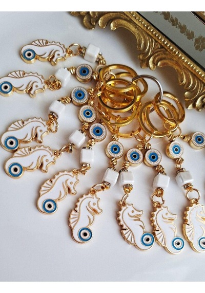Hediyelik Nazar Boncuklu Şans Denizatı Beyaz Anahtarlık 10,5 Cm