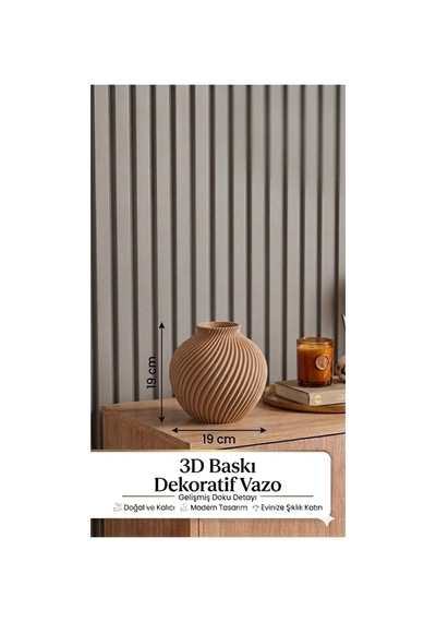 Modern 3d Baskı Dekoratif Vazo Minimal Tasarım Ev Dekoru Salon Masa Vazosu 19x19cm Açık Kahve