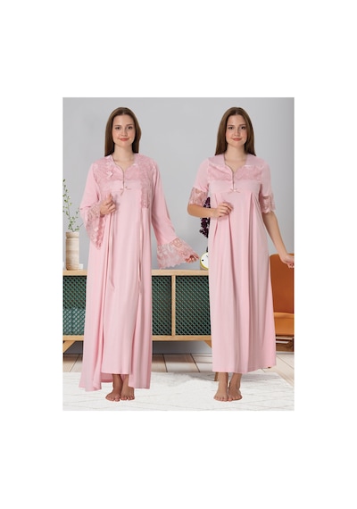 Effortt Dvina Lohusa Hamile Dantel Detaylı Sabahlık Ve Gecelik Takımı - 2'li Set - Pembe Pembe
