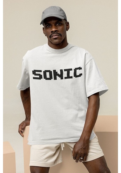 Sonic Çizgi Film Baskılı Unisex Oversize Tişört Beyaz