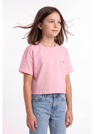 Fullamoda Kurdele Kabartma Baskılı Kız Çocuk Crop Tişört Pembe