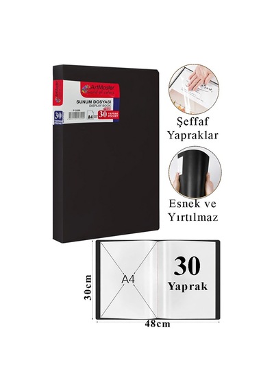 Siyah Sunum Dosyası 30 Lu 1 Adet Poşet Dosyalı Katalog Dosyası 30 Poşetli Kendinden Dosya Plastik Kapaklı