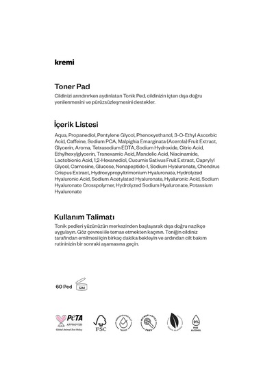 Toner Pad Tonik Pad 60 Adet Yaşlanma Karşıtı, Gözenek Sıkılaştırıcı C Vitamini, Kafein, 8d Hyaluronik Asit