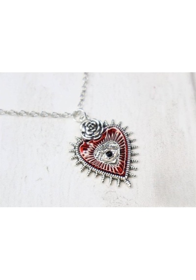 Rose Eye Of Heart Gotik Kalp Kolye Kırmızı Gümüş