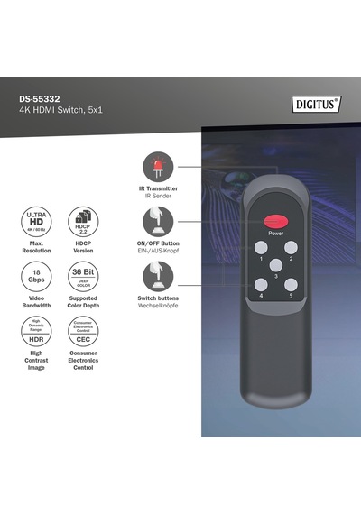Digitus 5x1 Hdmı Switch, 4k/60hz Hdcp 2.2 Kumandalı Geçiş Kontrolü