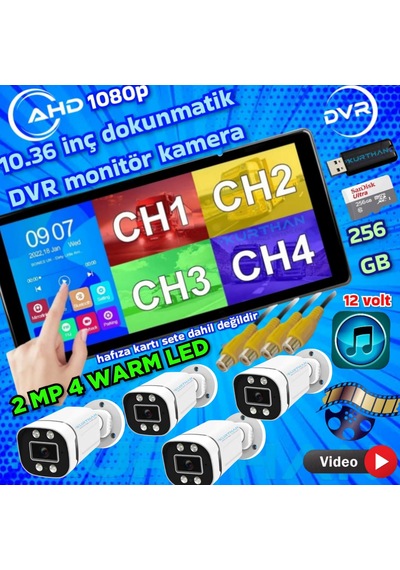 4 Adet Ahd 2mp Warm Ledli Kamera Dvr Dokunmatik 10.36 İnç Monitör 12 Volt 256 Gb