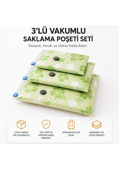 3'lü Vakumlu Hurç Saklama Seti Şeffaf Ön Yüzlü Yorgan Battaniye Kıyafet Düzenleme Ve Depolama Poşeti Diğer