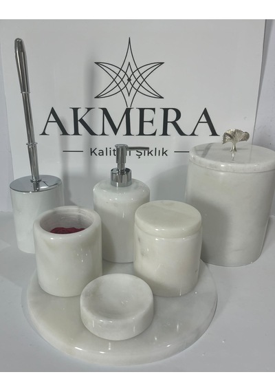 Akmera Elite 7 Parça %100 Gerçek Mermer Banyo Seti Beyaz - Gri